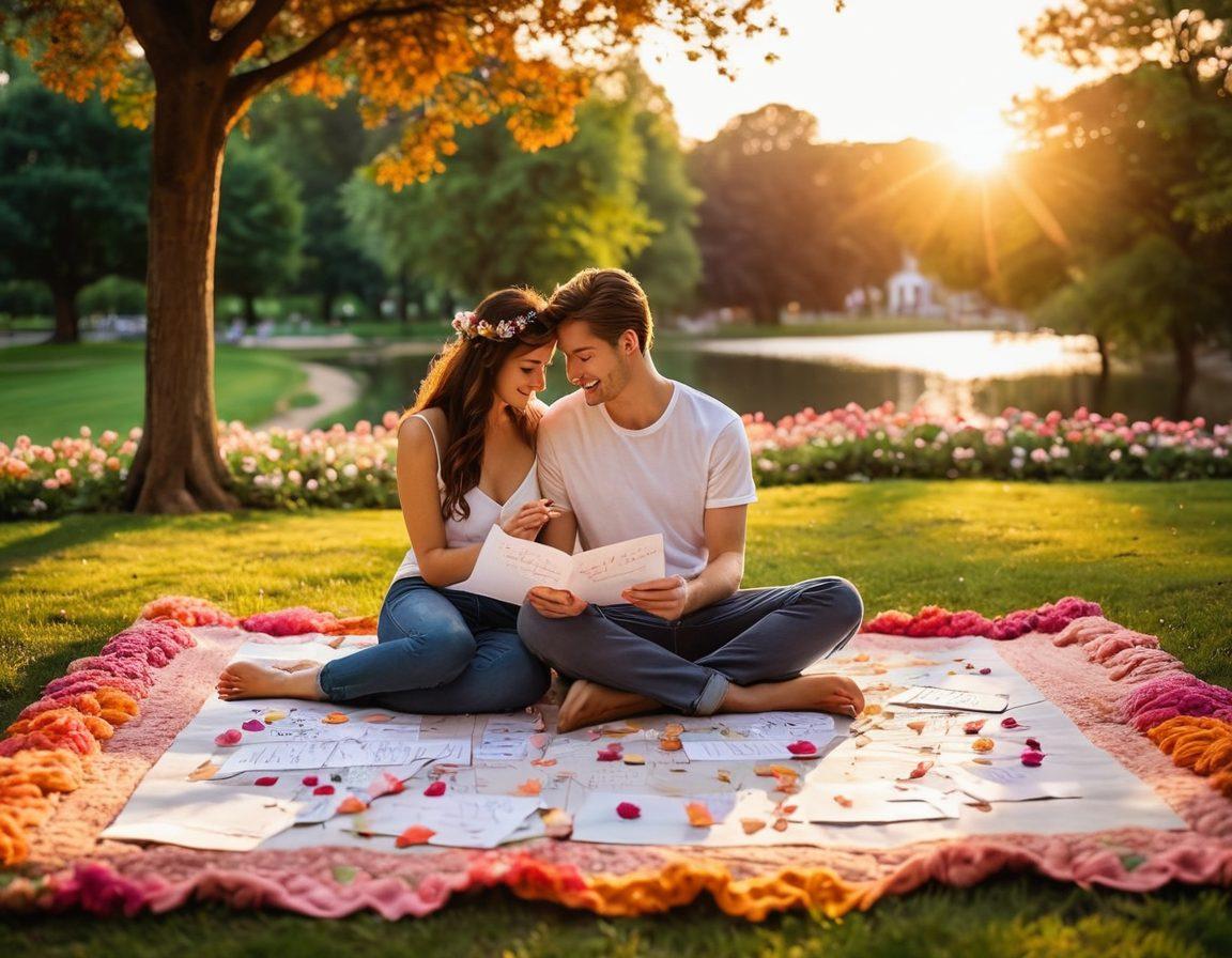 A cozy scene of a couple sitting on a blanket in a sunlit park, sharing a heartfelt moment with hand-written love letters scattered around them. In the background, a picturesque sunset casts warm hues on the couple, symbolizing their cherished memories. The atmosphere is filled with colorful flowers and soft, twinkling fairy lights hanging from trees, enhancing the romantic vibe. super-realistic. vibrant colors. soft focus.