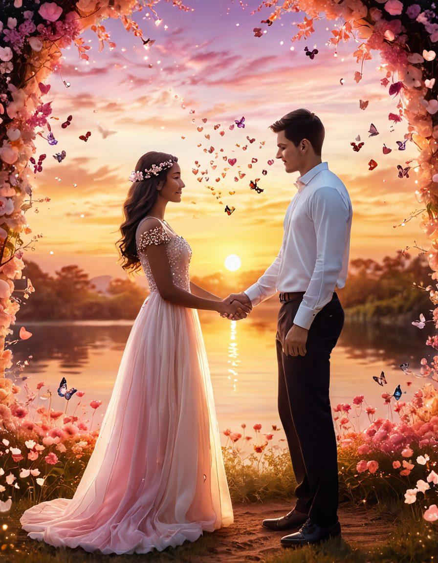 A dreamy scene of a couple holding hands, surrounded by sparkling magical elements like glittering hearts and soft glowing lights. The backdrop features a beautiful sunset with warm pastel colors, creating an enchanting atmosphere. Floating flowers and gentle butterflies add a touch of romance, symbolizing devotion and togetherness. soft focus, ethereal glow, vibrant colors.