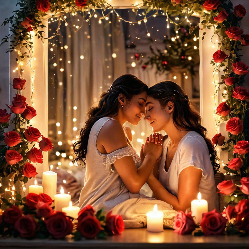 A serene, intimate scene of a couple sharing a heartfelt moment, surrounded by soft candlelight and blooming roses. The background features a cozy, romantic setting with twinkling fairy lights. Their expressions convey deep affection and connection, while a soft focus enhances the warmth of the scene. vibrant colors. super-realistic. romantic atmosphere.